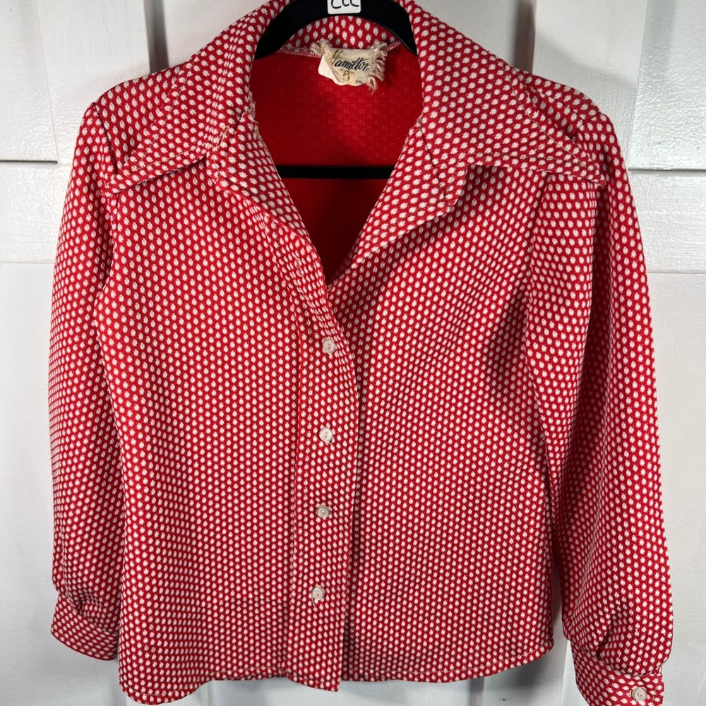 Vintage Hamilton Red White Geometric Knit Button Up Blouse Long Sleeve 70s Retro